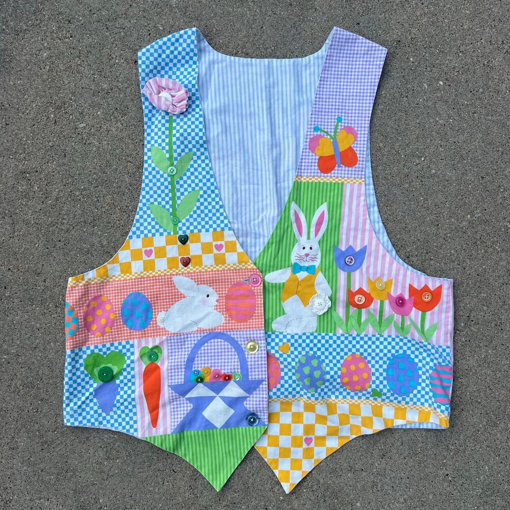 Vintage Handmade Easter Bunny Art Deco Cotton Print Dress Vest Buttons M/L?